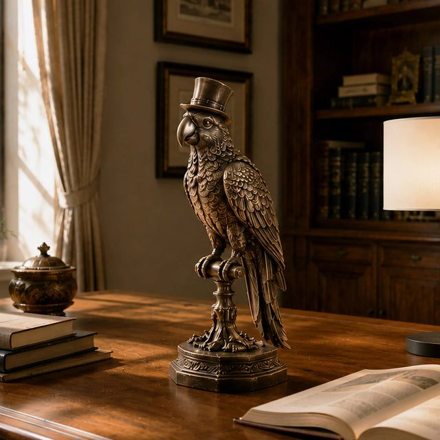 Antique bronze parrot sculpture rests on a study desk beside stacked books and open reading volume.