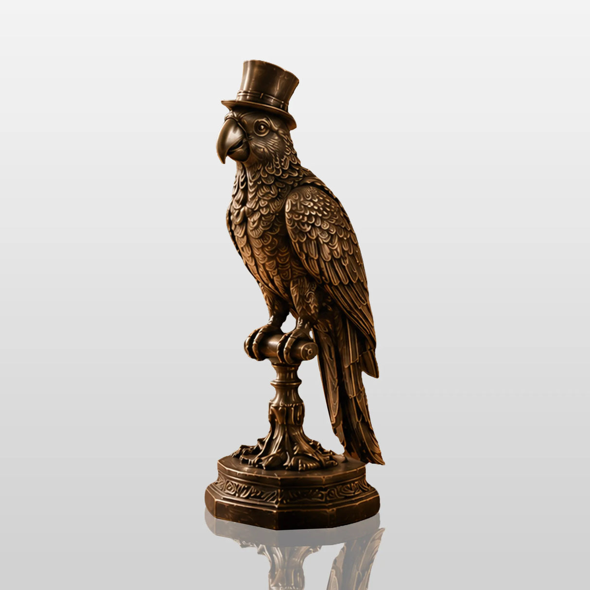 Antique bronze parrot sculpture rests on a study desk beside stacked books and open reading volume.