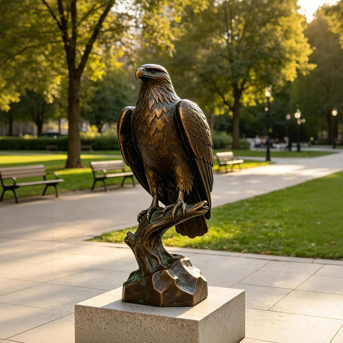 A realistic bronze eagle statue perches on a pedestal in a sunny public park.