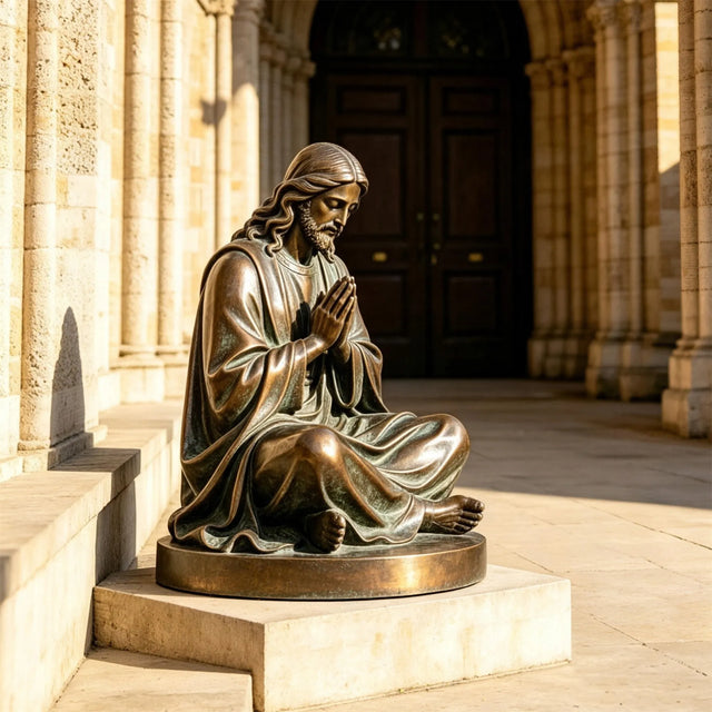 A bronze seated praying Jesus statue sits on stone step outside a church.