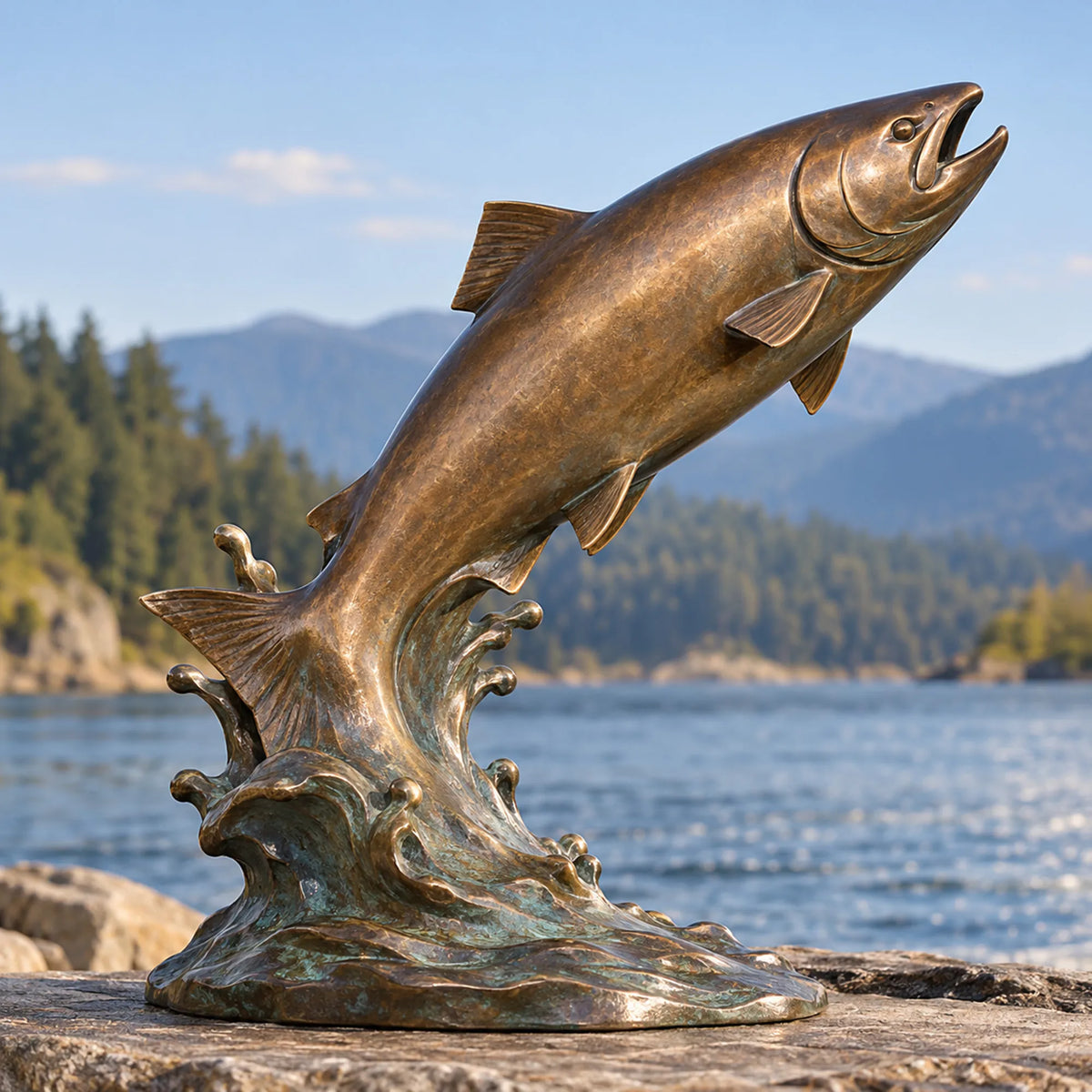 A bronze leaping salmon sculpture rests on rocks beside a lake with mountains and trees in the background.