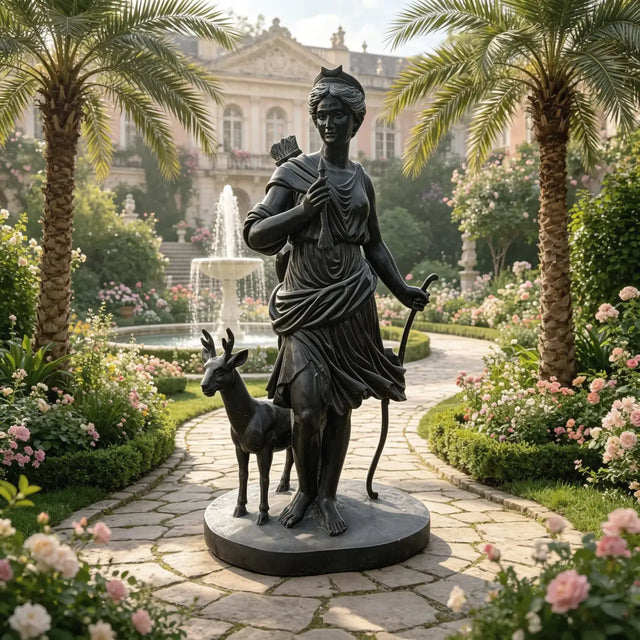 PREMIER Bronze Sculpture Diana The Huntress By a Deer for Estate Courtyards, Landscapes or Classical Outdoor Pathways PSB-181-Bronze Sculpture-PREMIER SCULPTURE