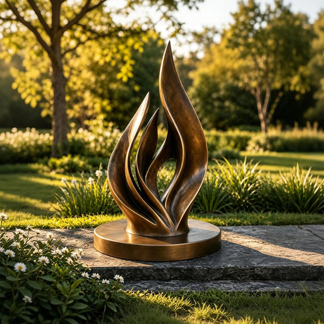 Bronze abstract flame sculpture stands under sunshine inside a green garden.