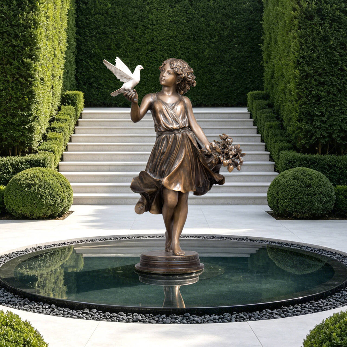 PREMIER Bronze Sculpture with Girl Holding Dove Design for Gardens, Patios, Courtyards and Residential Landscapes PSB-187-Bronze Sculpture-PREMIER SCULPTURE