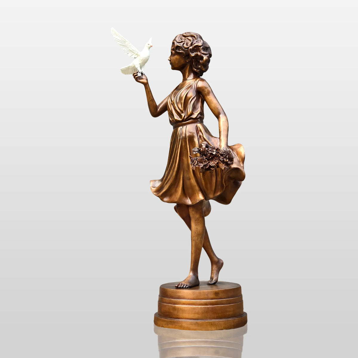 PREMIER Bronze Sculpture with Girl Holding Dove Design for Gardens, Patios, Courtyards and Residential Landscapes PSB-187-Bronze Sculpture-PREMIER SCULPTURE