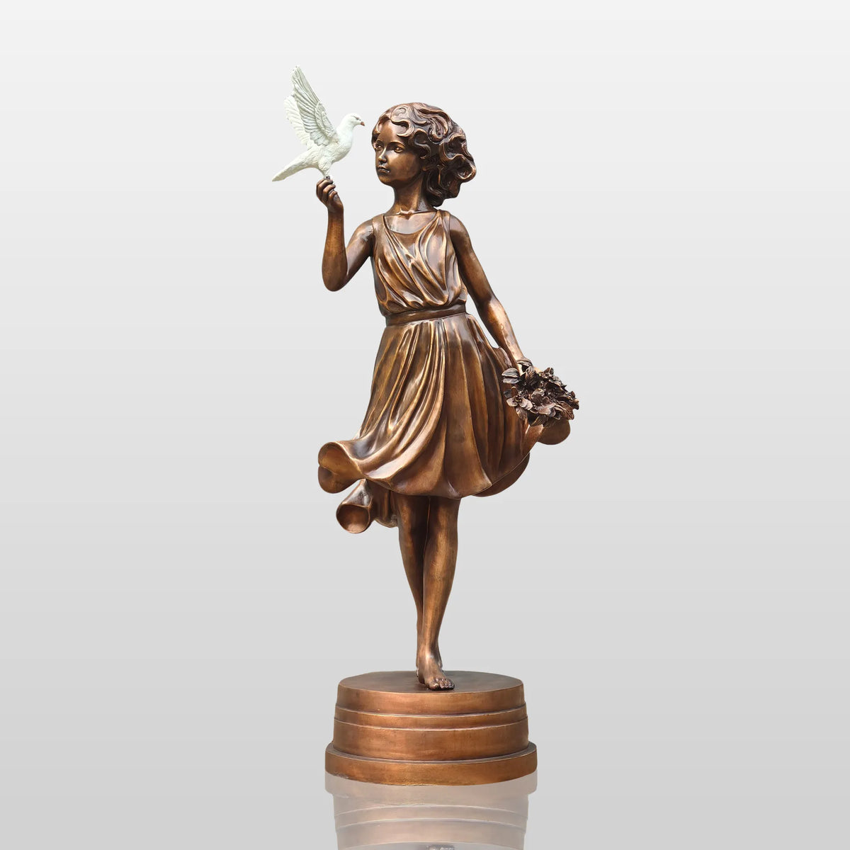 PREMIER Bronze Sculpture with Girl Holding Dove Design for Gardens, Patios, Courtyards and Residential Landscapes PSB-187-Bronze Sculpture-PREMIER SCULPTURE