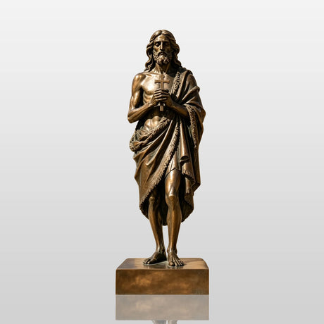 A bronze St. John the Baptist statue stands in a sunlit church courtyard.