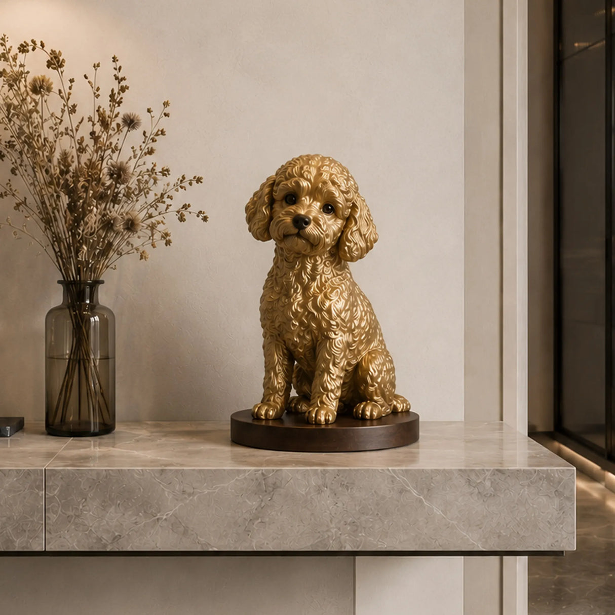 Golden bronze sitting poodle statue rests on marble entry console beside dried flower glass vase.