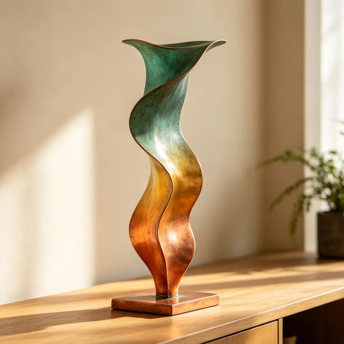 An abstract vase bronze sculpture stands on a wooden cabinet in a sunlit room.
