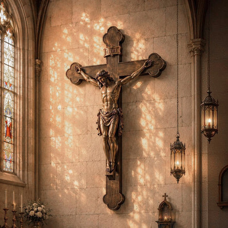 PREMIER Bronze Wall Sculpture with Crucifix Jesus Cross Design for Church, Chapel Altar or Home Prayer PSB-205-Bronze Sculpture-PREMIER SCULPTURE