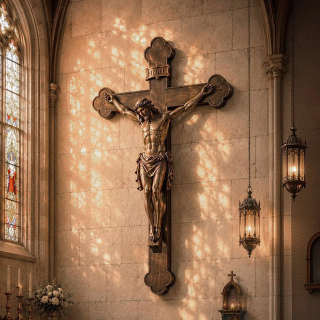 Religious bronze Jesus crucifix wall sculpture mounts on church wall beside vintage hanging lanterns and soft glass light.