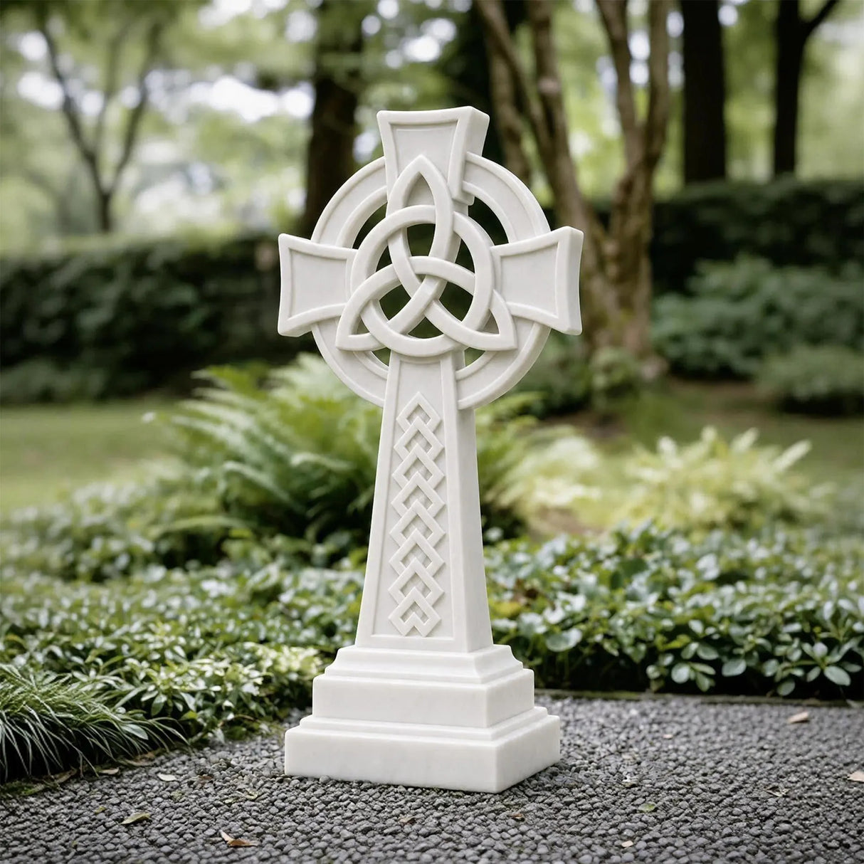 White marble Celtic cross headstone rests on gravel ground surrounded.