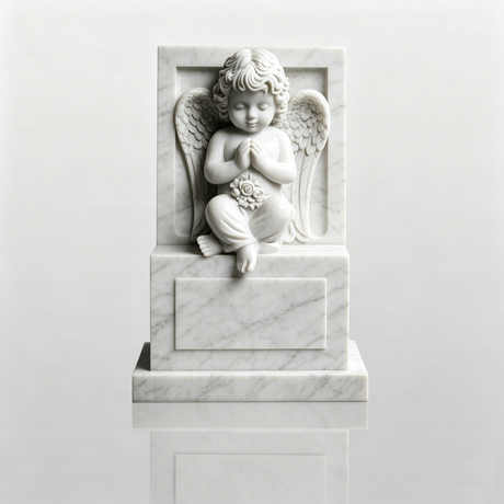 PREMIER Cherub Tombstone in White Marble for Cemeteries, Memorial Gardens, Family Graves or Churches PSM-131-Marble sculpture-PREMIER SCULPTURE
