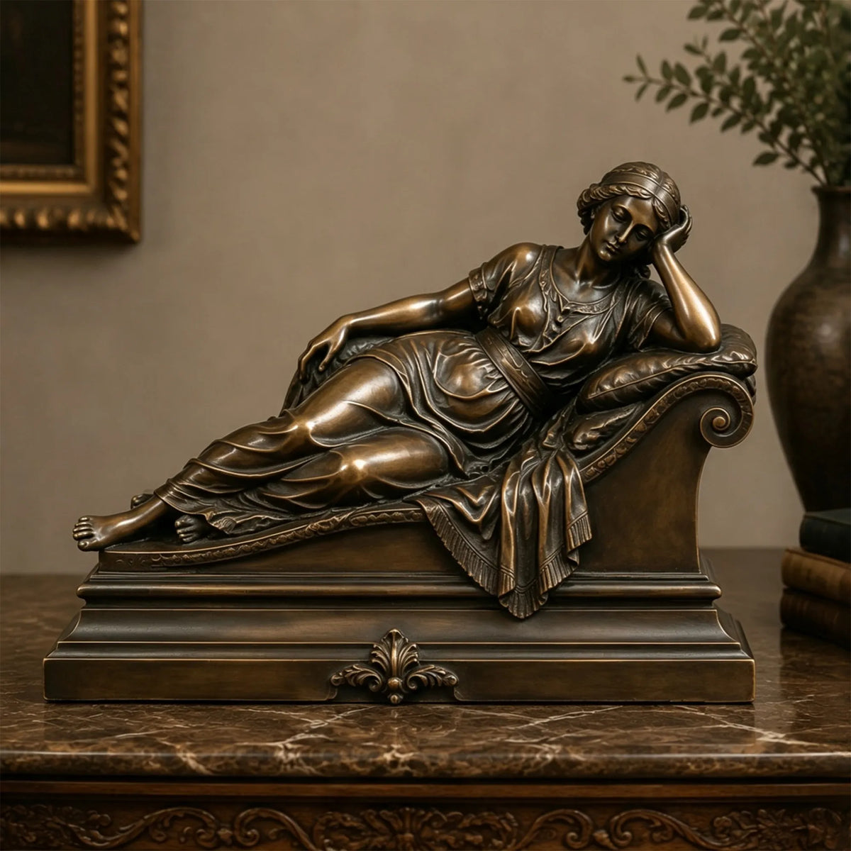 A bronze reclining lady sculpture rests on the marble tabletop.