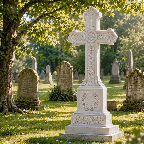 PREMIER Classic Marble Cross Tombstone for Funeral Park, Memorial Garden, Cemetery or Lawn Monument Lot PSM-157-Marble sculpture-PREMIER SCULPTURE