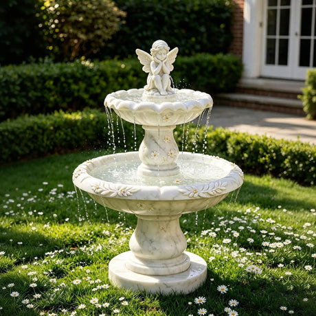 PREMIER Classic Marble Fountain with Cute Angel Design for Backyard Lawns, Gardens, Courtyards or Relaxation Areas PSFM-013-Marble sculpture-PREMIER SCULPTURE
