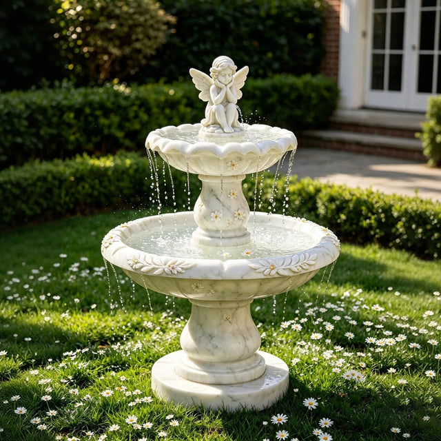 PREMIER Classic Marble Fountain with Cute Angel Design for Backyard Lawns, Gardens, Courtyards or Relaxation Areas PSFM-013-Marble sculpture-PREMIER SCULPTURE