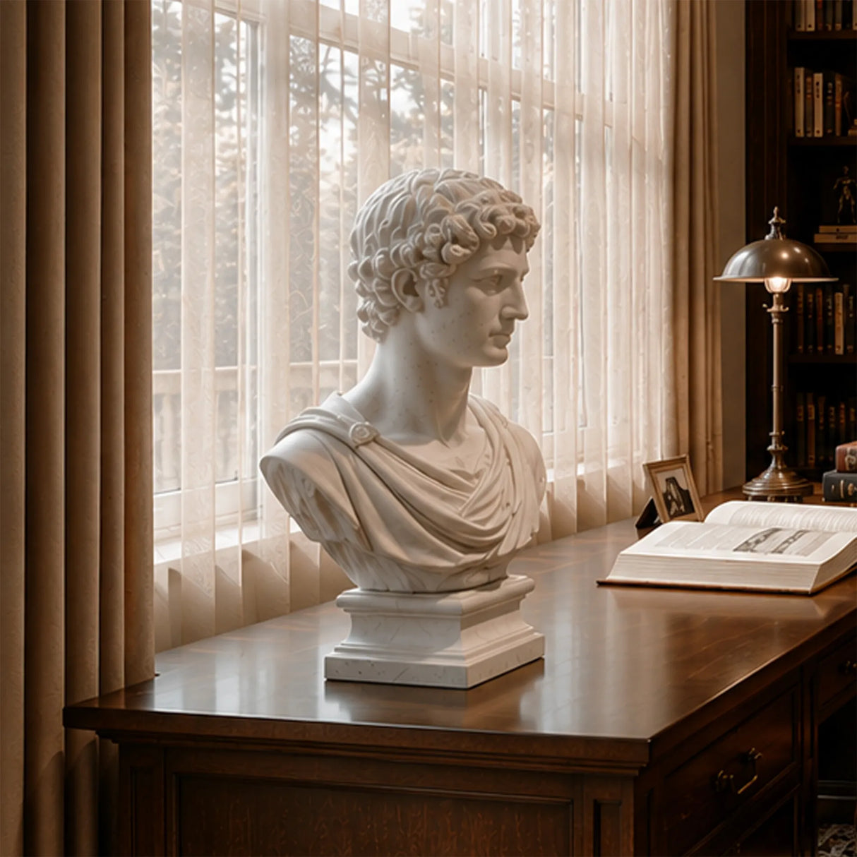 White marble male bust statue stands on the wooden desk beside bright windows.