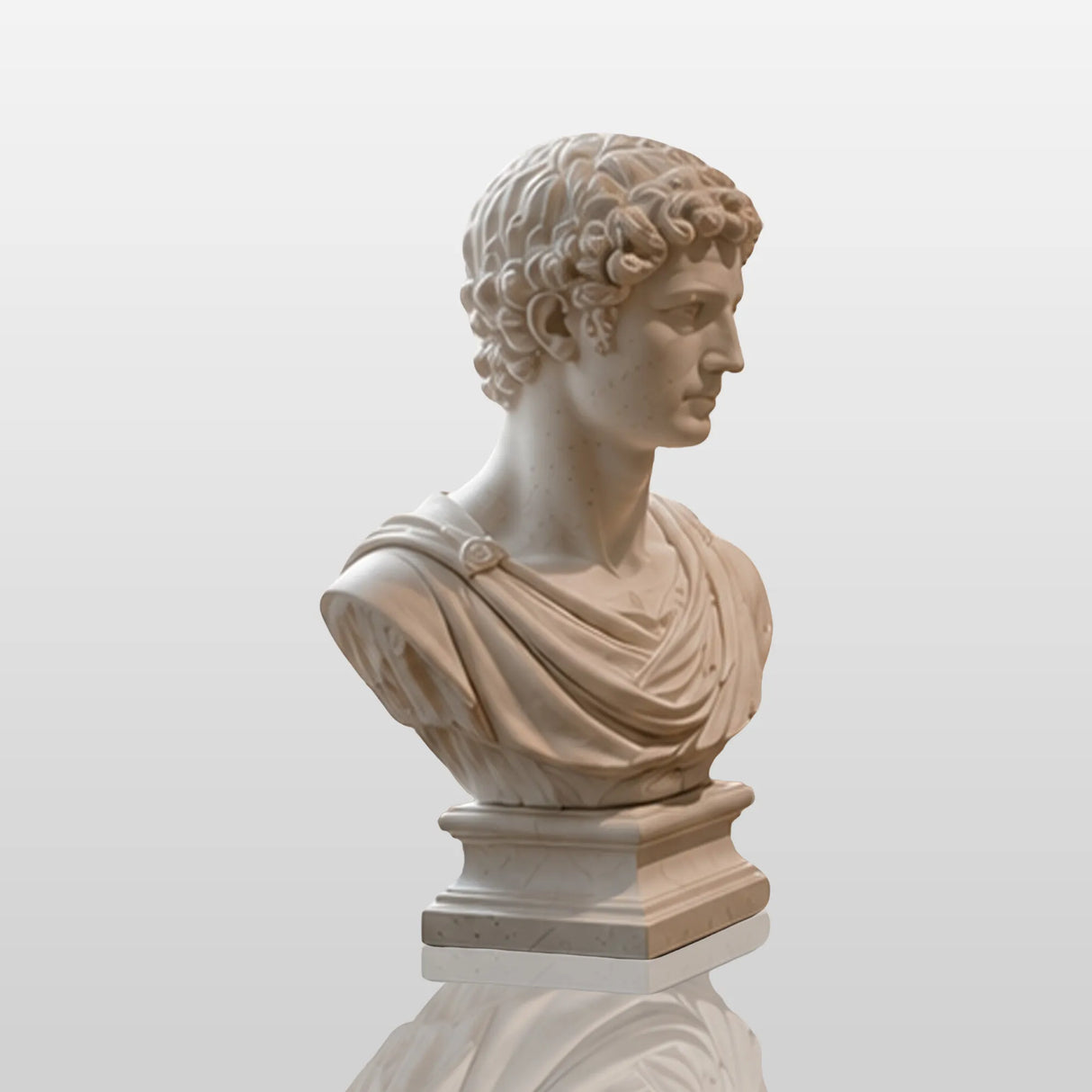 White marble male bust statue stands on the wooden desk beside bright windows.
