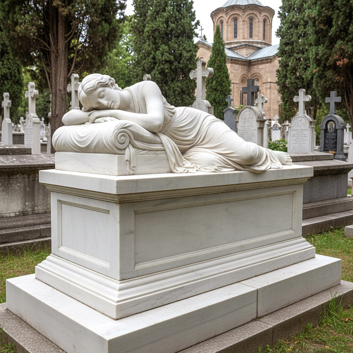 PREMIER Classic Marble Tombstone Sculpture with Reclining Figure Design for Cemeteries or Memorial Parks PSM-117-Marble sculpture-PREMIER SCULPTURE