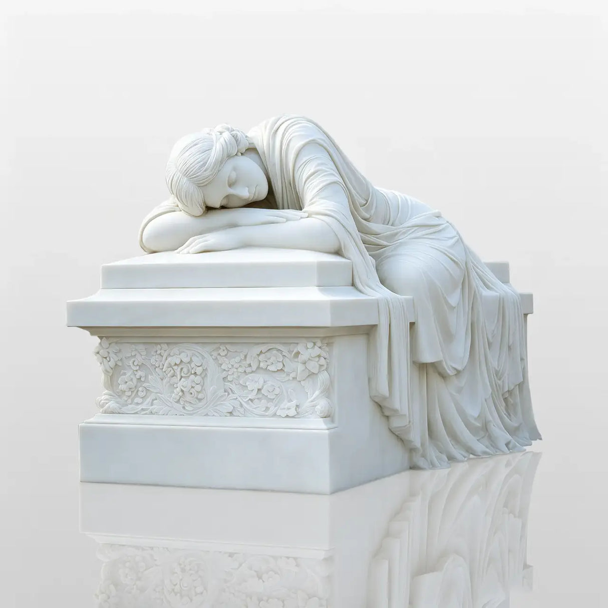 Sleeping lady rests on the white marble tombstone amid sunlit cemetery grass and tombstones.