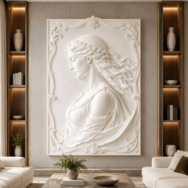 A white female marble relief wall sculpture hangs on a neutral stone wall inside a soft warm modern living room.
