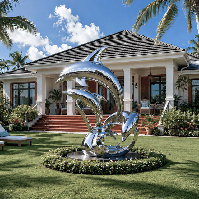 PREMIER Coastal Dolphin Sculpture in Polished Stainless Steel for Villa Gardens or Beachfront Homes PSSS-279-Stainless Steel Sculpture-PREMIER SCULPTURE