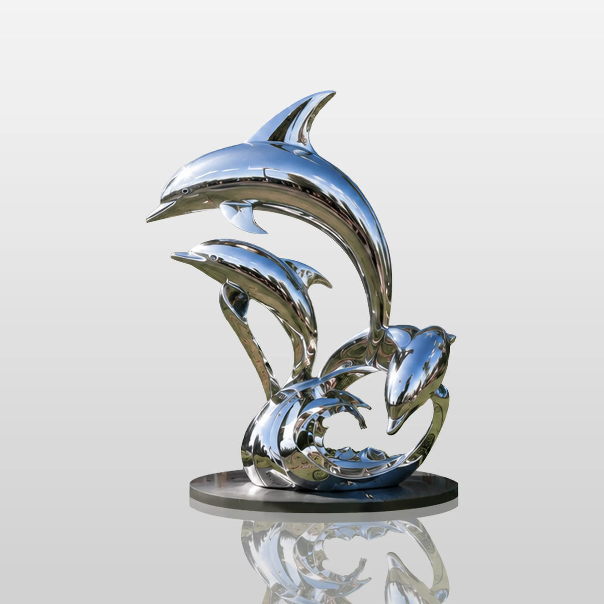 PREMIER Coastal Dolphin Sculpture in Polished Stainless Steel for Villa Gardens or Beachfront Homes PSSS-279-Stainless Steel Sculpture-PREMIER SCULPTURE