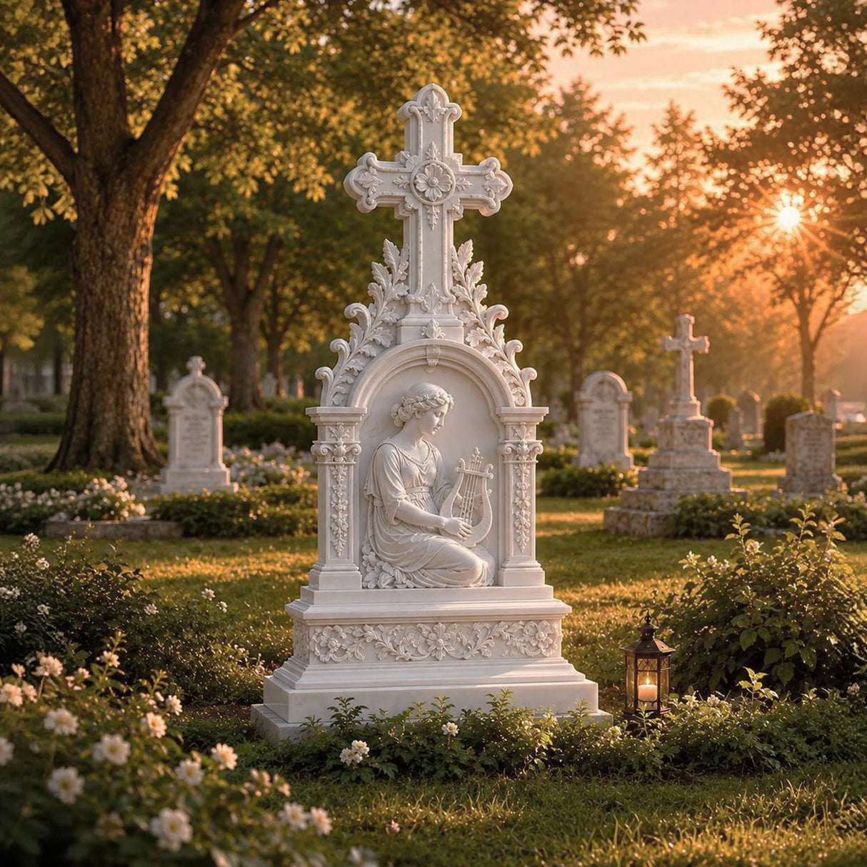White marble cross tombstone with kneeling lady relief stands amid blooming shrubs and aged gravestones in a sunset cemetery.