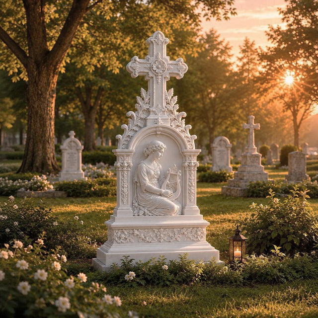 White marble cross tombstone with kneeling lady relief stands amid blooming shrubs and aged gravestones in a sunset cemetery.