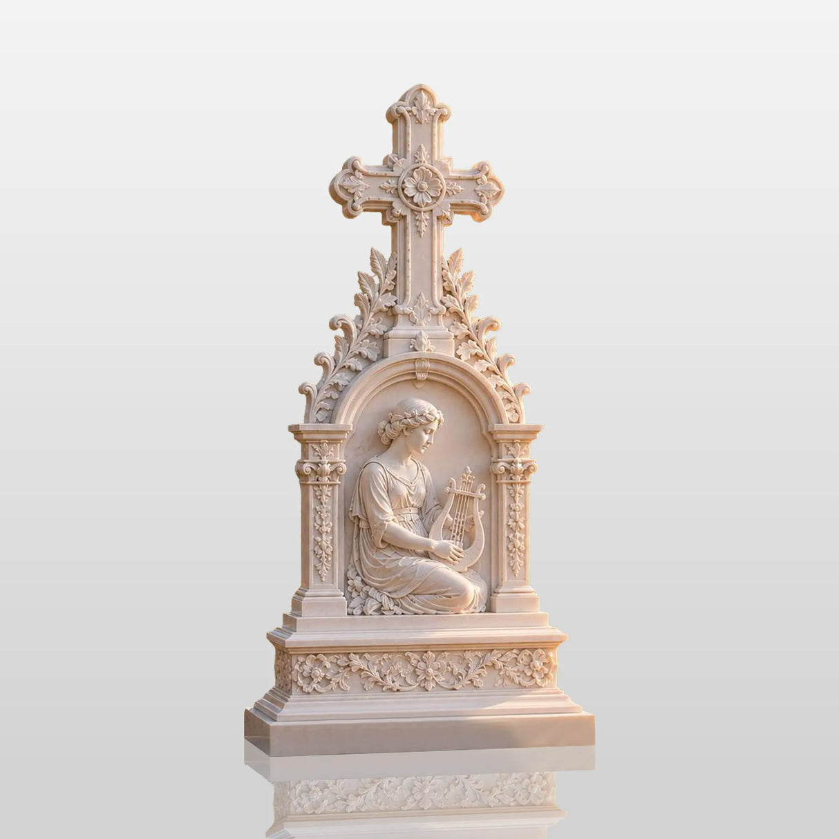 White marble cross tombstone with kneeling lady relief stands amid blooming shrubs and aged gravestones in a sunset cemetery.