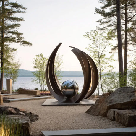 PREMIER Curved Bronze Sculpture with Stainless Steel Ball for Lakeside Yards, Gardens, Patios or Park Waterfronts PSB-193-Bronze Sculpture-PREMIER SCULPTURE