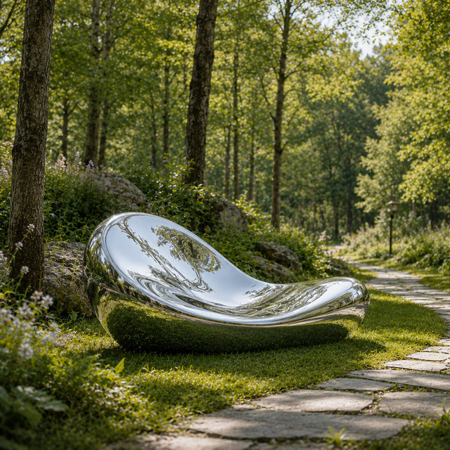 A mirror polished organic curved stainless steel bench rests on lush lawn under sun.