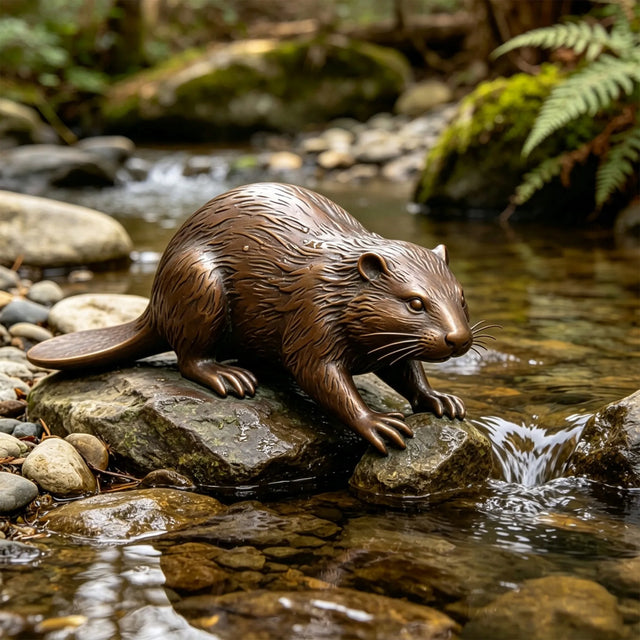 Bronze beaver statue crouches on wet rocks beside a flowing forest stream in a garden.
