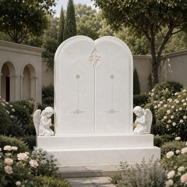 White double marble heart tombstone flanked by two praying angel statues sits in a quiet green memorial garden.