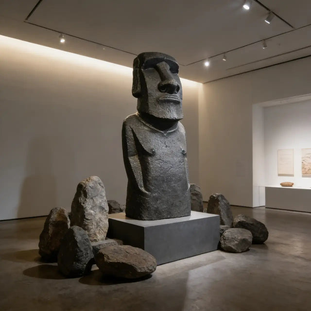 A large textured Moai stone statue rests surrounded by natural rocks inside a minimalist art gallery lit by ceiling spotlights.