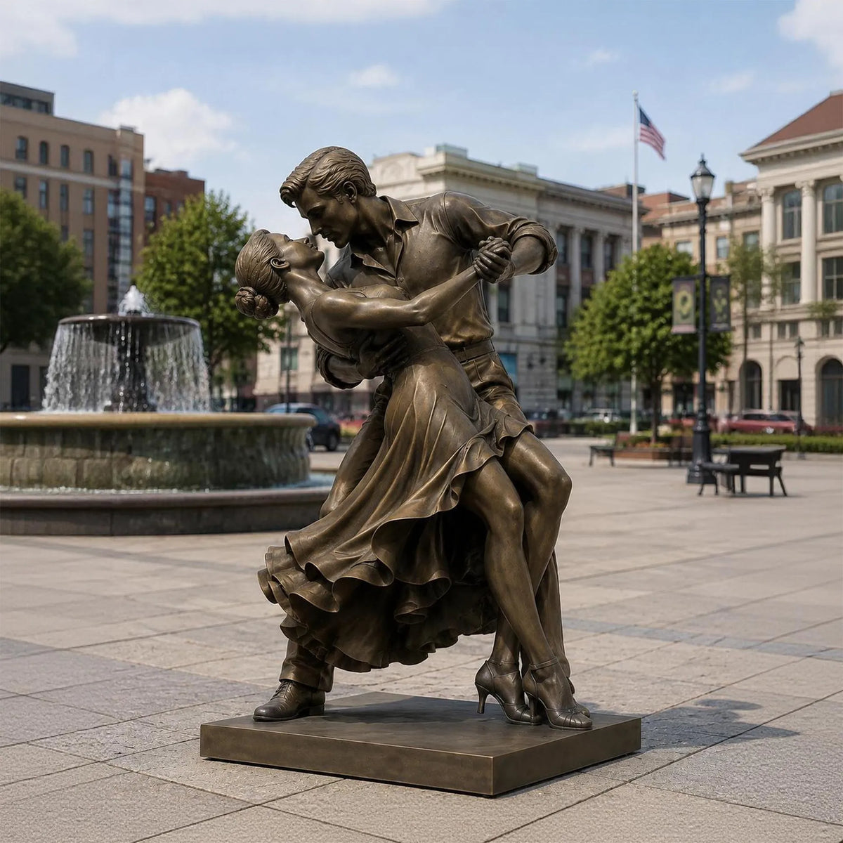 Bronze dancing couple sculpture stands on paved stone plaza beside a city fountain.