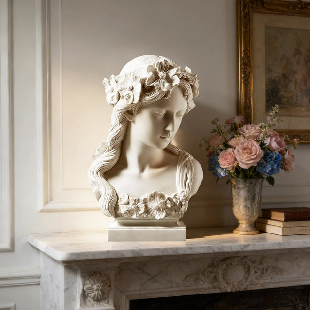 PREMIER Elegant Marble Lady Bust with Floral Details for Classic Interior Decor PSM-088-Marble sculpture-PREMIER SCULPTURE