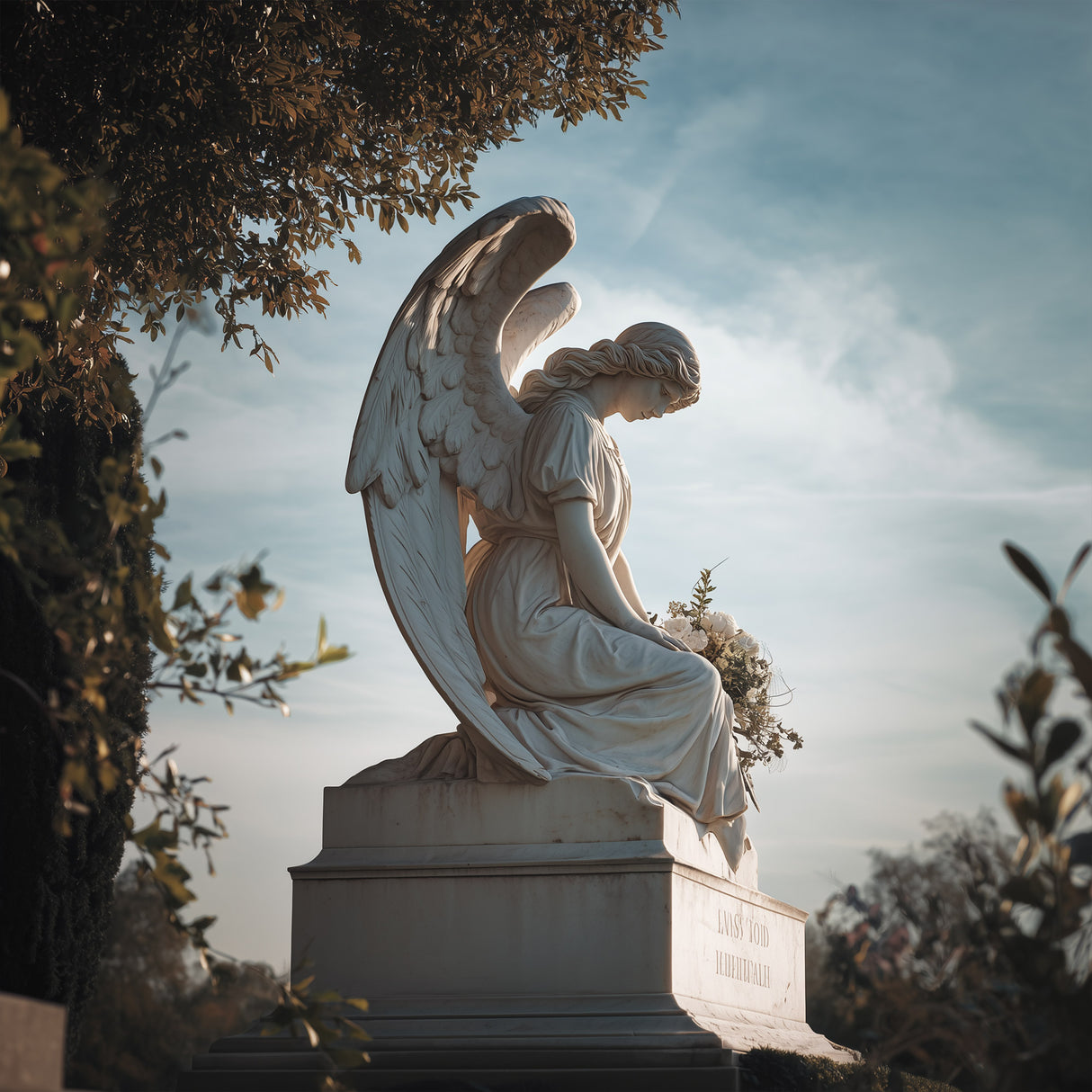 Kneeling marble guardian angel sculpture with folded wings, evoking peace, love, and eternal protection for memorial gardens, cemeteries, courtyards, and private sanctuaries.