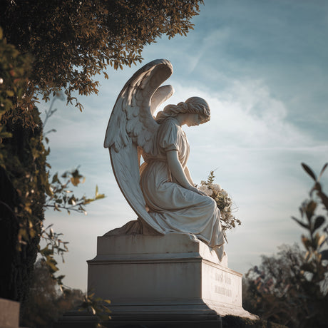Kneeling marble guardian angel sculpture with folded wings, evoking peace, love, and eternal protection for memorial gardens, cemeteries, courtyards, and private sanctuaries.