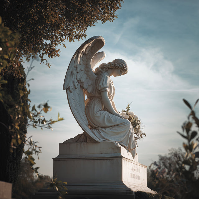 Kneeling marble guardian angel sculpture with folded wings, evoking peace, love, and eternal protection for memorial gardens, cemeteries, courtyards, and private sanctuaries.