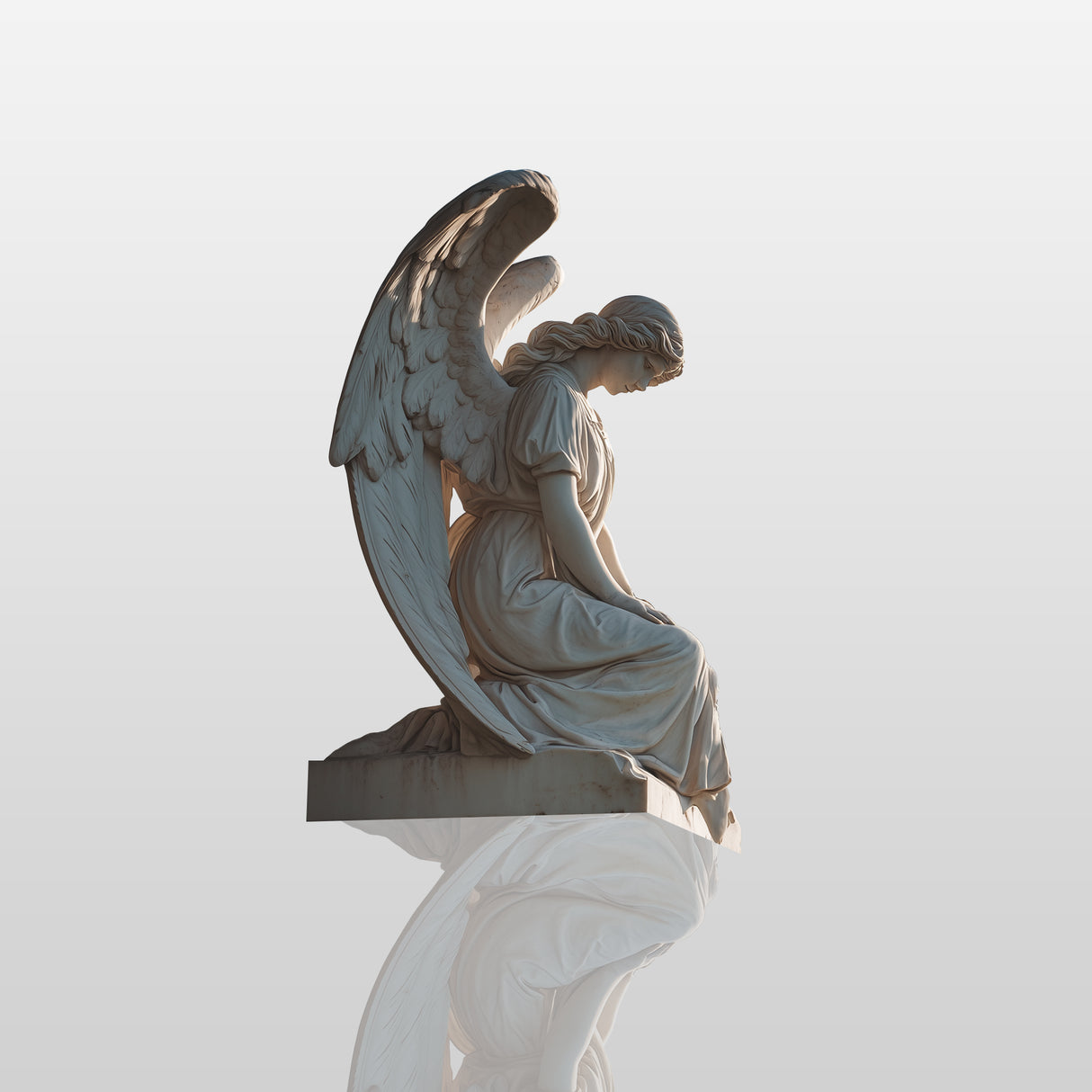 Kneeling marble guardian angel sculpture with folded wings, evoking peace, love, and eternal protection for memorial gardens, cemeteries, courtyards, and private sanctuaries.