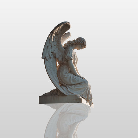 Kneeling marble guardian angel sculpture with folded wings, evoking peace, love, and eternal protection for memorial gardens, cemeteries, courtyards, and private sanctuaries.