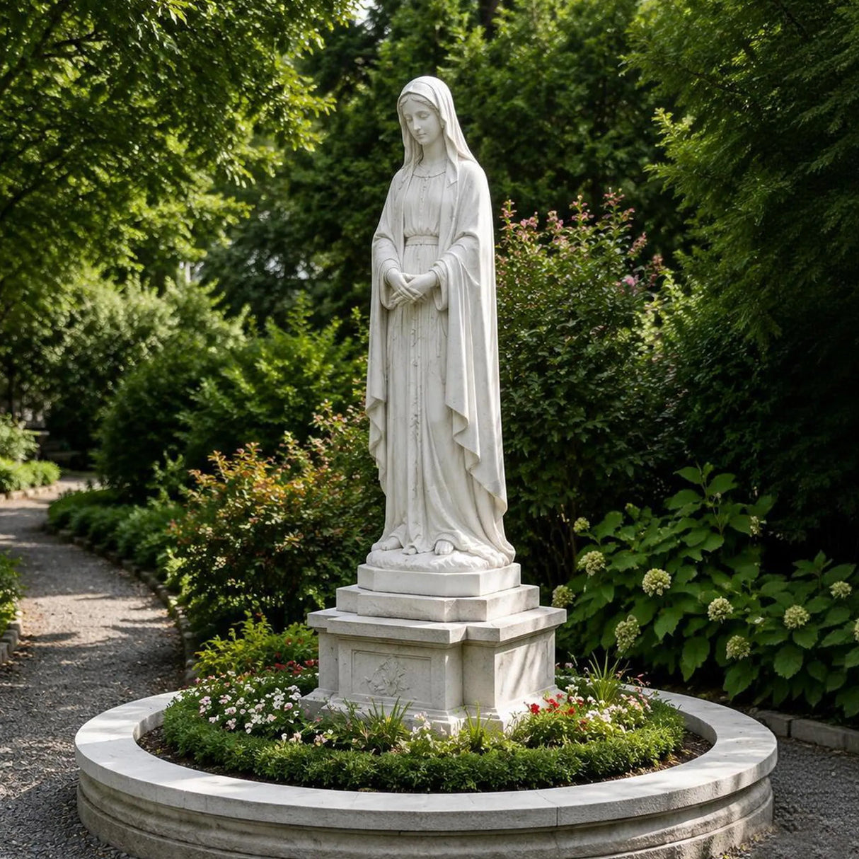 PREMIER Elegant Virgin Mary Statue in White Marble for Gardens, Church Entrances and Religious Courtyards PSM-129-Marble sculpture-PREMIER SCULPTURE