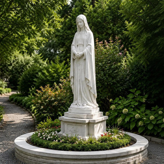 PREMIER Elegant Virgin Mary Statue in White Marble for Gardens, Church Entrances and Religious Courtyards PSM-129-Marble sculpture-PREMIER SCULPTURE