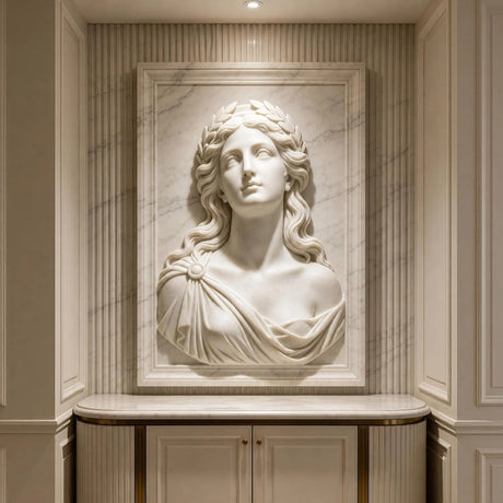 Laurel lady marble wall sculpture is embedded on fluted panel wall in a refined luxury interior space.