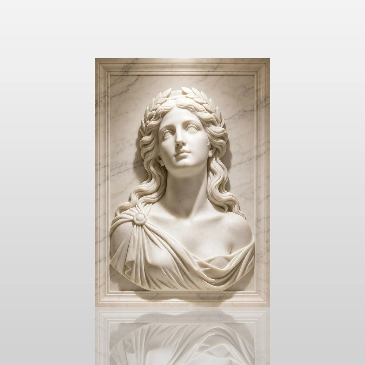 Laurel lady marble wall sculpture is embedded on fluted panel wall in a refined luxury interior space.