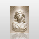 Laurel lady marble wall sculpture is embedded on fluted panel wall in a refined luxury interior space.