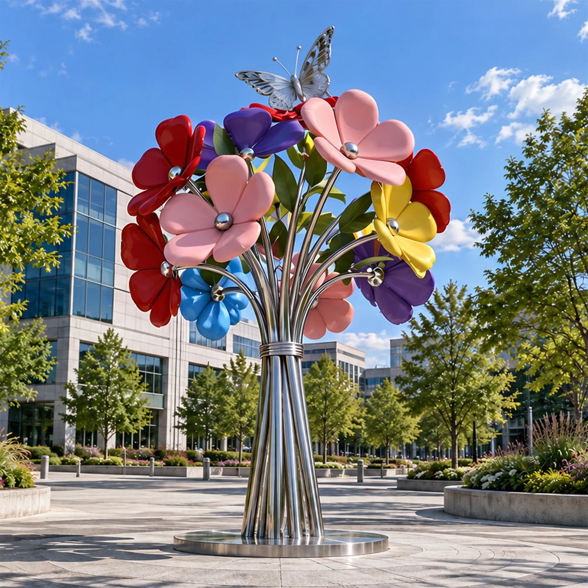 A stainless steel flower bouquet sculpture with a butterfly sits in a plaza in front of modern office buildings.