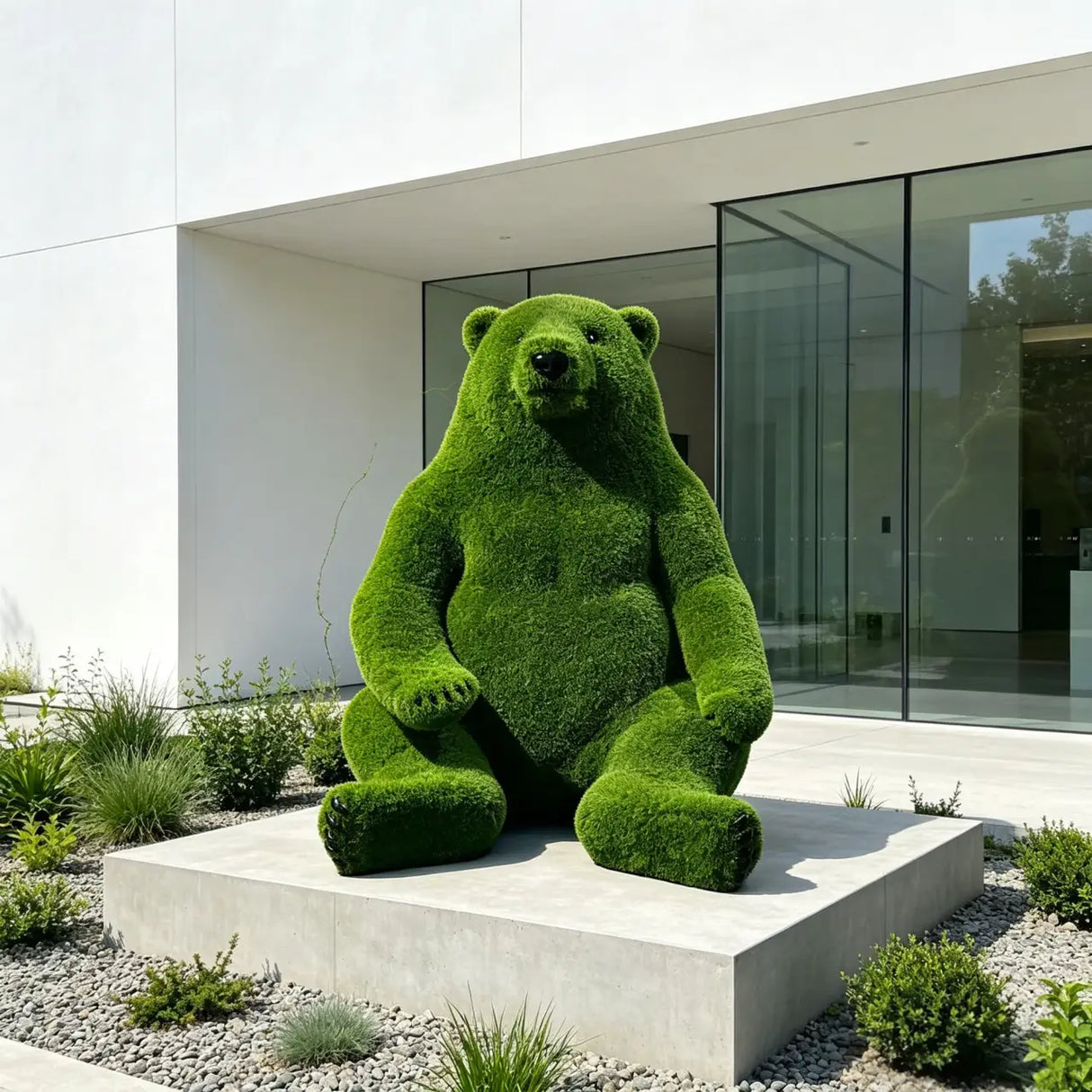 Green fiberglass bear statue sits on a concrete plinth outside the modern building.